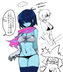 armor armored_gloves bikini blue_body blue_hair breasts cleavage crop_top deltarune female female_focus gloves hair_over_eyes hips kris_(dark_world_form) kris_(deltarune) kris_female_(deltarune) ralsei scarf sketch ss_komu stockings sword tagme text thick_thighs thong translation_request undertale_(series) white_background