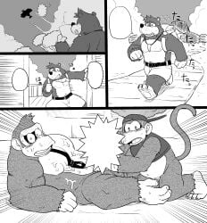 absurd_res anthro ape backpack backwards_hat bag banjo-kazooie banjo_(banjo-kazooie) bear blush bodily_fluids bottomwear caught clothing convenient_censorship cum cum_on_chest diddy_kong diddy_kong_racing donkey_kong_(series) gay genital_fluids gorilla group handjob haplorhine hat headgear headwear hi_res humor male male/male male_only mammal moku_nameko monkey monochrome muscular muscular_anthro muscular_male necktie nintendo pecs penile primate rareware sex shorts speech_bubble trio