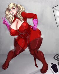 1girls ann_takamaki ass atlus blonde_female blonde_hair bodysuit breasts clothing female female_focus female_only handwear high_heel_boots human large_ass large_breasts large_thighs nipples_visible_through_clothing pale_skin peace_sign persona persona_5 phantom_thief_suit red_bodysuit slushiebest solo steamy thick_female thick_thighs thighs venus_body