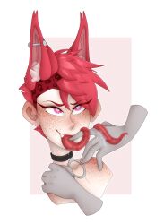 aldtecaia anon bedroom_eyes collar fangs fox_ears freckles heart-shaped_pupils long_tongue monster_tongue noxxyboy oc oerba_yun_fang piercing pink_eyes pink_fur pink_hair pov red_fur red_hair red_lipstick saliva saliva_drip saliva_trail tomboy vore wet