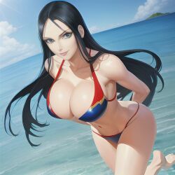 1girls ai_generated beach big_breasts bikini bikini_bottom bikini_top black_hair blue_eyes busty cleavage enmashusui female female_only huge_breasts long_hair looking_at_viewer milf nico_robin one_piece pinup post-timeskip seaside smile smiling smiling_at_viewer swimsuit two_piece_swimsuit