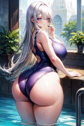 ai_generated ballpoint_pen_(medium) blue_eyes city curvy detailed_background from_behind hair_over_one_eye hair_over_shoulder huge_ass huge_breasts long_hair looking_at_viewer narrow_waist original original_character pool school_swimsuit shiny_hair stable_diffusion standing swimsuit thick_thighs water white_hair wide_hips