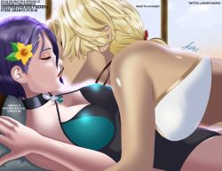 2girls alternate_costume aramyx black_one-piece_swimsuit black_swimsuit blonde_hair blue_hair catherine_(fire_emblem) choker cleavage closed_eyes dark-skinned_female dark_skin english_text female female_only fire_emblem fire_emblem:_three_houses fire_emblem_heroes french_kiss kissing multiple_girls nintendo official_alternate_costume one-piece_swimsuit shamir_nevrand short_hair swimsuit text tongue tongue_out white_bikini white_swimsuit yuri