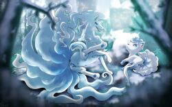 absurd_res alolan_form alolan_ninetales alolan_vulpix animal_genitalia animal_pussy anus belly_nipples blue_body blue_eyes blue_fur bodily_fluids breath canine_genitalia canine_pussy cold dripping duo fangs female feral forest forest_background fur genital_fluids genitals hi_res ice level_difference looking_at_viewer looking_back looking_back_at_viewer multi_tail nature nature_background ninetales nintendo open_mouth pawpads paws plant pokemon pokemon_(species) pussy pussy_juice pussy_juice_drip raised_leg regional_form_(pokemon) snow suns_(artist) tail teats teeth tongue tree vulpix white_body white_fur