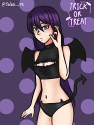 1girls artist_name breasts cleavage doki_doki_literature_club english_text female female female_only girl halloween holidays long_hair matching_hair/eyes matching_hair_and_eye_color matching_hair_and_eyes navel only_female purple_background purple_eyes purple_hair shiba_pr solo solo_female solo_focus tail text twitter_username wings yuri_(doki_doki_literature_club)