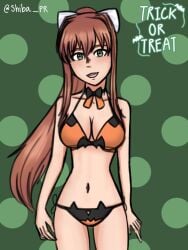 1girls artist_name black_bow bow bra breasts cleavage doki_doki_literature_club english_text female female female_only girl green_background green_eyes halloween holidays matching_underwear monika_(doki_doki_literature_club) navel only_female panties shiba_pr solo solo_female solo_focus text twitter_username two_tone_bra two_tone_panties