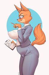 1girls big_breasts blush blushing diane_foxington dreamworks ear_tuft eyebrows eyelashes female female_only fluffy_ears fluffy_tail fox fox_ears fox_tail glasses kryadrawgin large_breasts looking_at_viewer nipple_bulge orange_body orange_fur orange_skin solo solo_female solo_focus the_bad_guys tie wide_hips