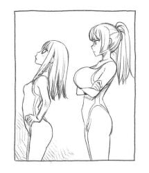 2girls 774_(nanashi) behind_another big_breasts breasts clothed clothing crossed_arms duo female female_only from_behind hands_on_hips hayase_nagatoro human long_hair looking_back monochrome mostly_clothed please_don't_bully_me,_nagatoro president_(nagatoro) sana_sunomiya side_view sketch small_breasts smile standing swimsuit