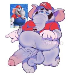 1boy absurd_res anthro balls belly big_penis blue_eyes bottomless clothed clothing elephant elephant_mario elephantid erection facial_hair foreskin gay genitals gloves grey_body handwear hi_res hpyononyo male male_only mammal mario mario_(series) moustache navel nintendo overweight penis proboscidean proboscis_(anatomy) shirt solo solo_male super_mario_bros._wonder topwear trunk_(anatomy) vein veiny_penis