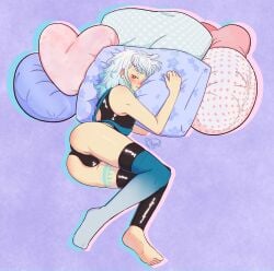 airin_hawnt ass ass ass_focus blush blush bulge cute cute_male femboy feminine_male ghost ghost_boy latex latex_bodysuit laying_down laying_on_bed lewdtuber moricamie pillow_hug red_eyes shiny shiny_clothes shiny_skin sleeping sleepy slim thigh_highs thigh_tattoo thighs virtual_youtuber vtuber white_hair