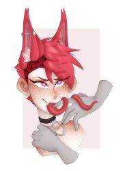 aldtecaia anon bedroom_eyes collar fangs fox_ears freckles heart-shaped_pupils long_tongue monster_tongue noxxyboy oc oerba_yun_fang piercing pink_eyes pink_fur pink_hair pov red_fur red_hair red_lipstick sfw tomboy tulpa vore wet