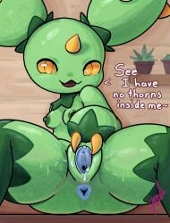 absurd_res anus areola blue_anus blue_vulva breasts butt butt_from_the_front dialogue eyelashes female generation_5_pokemon genitals green_areola green_body green_nipples hi_res horn humanoid looking_at_viewer maractus nintendo nipples nude pokemon pokemon_(species) sitting small_breasts solo spread_legs spreading talking_to_viewer text thick_thighs vulva wide_hips yawlyawl090 yellow_eyes yellow_horn yellow_sclera