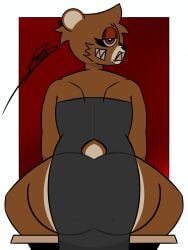 bear brown_fur cheek_tuft dress dropout_bear good_ass_job_(album) hair_tuft looking_at_viewer looking_back sharp_teeth sitting sitting_on_chair yosoybonfie