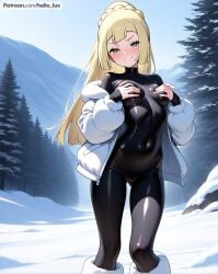 1girls ai_generated belly_button blonde blonde-haired_female blonde_female blonde_hair blonde_hair_female blush blush_lines bodysuit boots breasts cameltoe clothed clothed_female clothing coat full_body_suit green_eyes human human_only jacket lillie_(pokemon) mountain petite petite_body petite_breasts petite_female petite_girl petite_tits png pokemon pokemon_sm self_upload skinny skinny_female small_breasts smirk smirking smirking_at_viewer snow snowbunny solo squeezing squeezing_breast squeezing_breasts teasing teasing_viewer thigh_gap thighs