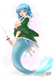 2013 aquatic blue_eyes blue_hair blue_membrane blush bodily_fluids breasts censor_bar censored clothing crossgender cum cumshot dress drooling ear_fins ejaculation erection fin ftg_crossgender fti_crossgender genital_fluids genitals green_clothing green_dress gynomorph hair intersex kirisaki_byakko masturbation membrane_(anatomy) merfolk nipples open_mouth penile penile_masturbation penis saliva solo split_form tapering_penis tongue touhou wakasagihime webbed_hands wide_sleeves