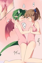 2girls arle_nadja artist_request blush censored clit_to_clit clitoris draco_centauros erect_clitoris erect_clitoris_under_clothing fangs female female_only holding_hands japanese_text leotard madou_monogatari multiple_girls pussy_juice puyo_puyo puyo_puyo_fever rubbing sega tagme vagina wings yuri