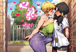 artist:kajared 1girls ai_generated erasa videl videl_(majin_buu_saga) dragon_ball_z dragon_ball futanari multiple_girls breasts bulge erection_under_clothes breast_press 2girls black_hair blonde_hair erection blush outdoors earrings shirt gloves shorts fingerless_gloves twintails heart jewelry blue_eyes denim short_hair futa_with_female bike_shorts looking_at_another smile pants strapless symmetrical_docking huge_breasts large_breasts grin bare_shoulders jeans black_gloves day against_wall eye_contact green_shirt asymmetrical_docking sky black_shorts blue_sky white_shirt from_side tube_top clenched_teeth