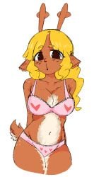 antlers blonde_hair brown_eyes brown_fur countershade_torso countershading cute deer deer_girl deltarune drawfag freckles heart heart_symbol lace_trim long_hair medium_breasts navel noelle_holiday pink_bra pink_panties solo solo_female soul_(undertale) tail thick_thighs