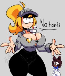 2girls ahoge arms_outstretched background_character baseball_cap big_ass big_bow_tie black_pants blonde_hair blue_bowtie blue_ribbon bow_tie bowtie bunny_suit bunny_tail cel_shading cleavage clothed_female coffee_cup cotton_tail cup cup_between_breasts curvy drink drinking_straw english_text eyes_together fanart female female_focus female_only five_nights_at_freddy's five_nights_at_frickbears five_nights_at_frickbears_3 fnaf freckles headwear high_ponytail highleg huge_breasts kayl large_breasts light-skinned_female light_skin long_sleeves no_hands object_between_breasts open_hands pants ponytail ribbon security_cap security_guard shirt short_tail shrug size_difference solo_focus straw stylized surprised_eyes text thick_thighs tight_clothing toony vanessa_(fnaf) vanessa_(frickbears) vannabelle_(frickbears_3) vanny_(fnaf) white_bunnysuit white_tail wide_eyed wide_hips