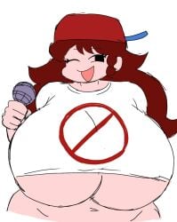 :d auburn_hair big_breasts boyfriend_(friday_night_funkin)_(cosplay) clothing_swap fnf friday_night_funkin girlfriend_(friday_night_funkin) hat looking_at_viewer momiji_(artist) smile tagme wink winking_at_viewer
