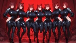 breasts blush looking_at_viewer smile open_mouth bangs blue_eyes hair_ornament thighhighs long_sleeves twintails animal_ears hair_between_eyes closed_mouth standing tail ponytail braid full_body red_hair boots sidelocks thighs parted_lips penis hairclip cat_ears blunt_bangs hand_up armor grin huge_breasts covered_nipples black_footwear high_heels leotard cat_tail hand_on_hip shiny_skin orange_eyes grey_eyes parted_bangs bodysuit animal_ear_fluff skindentation covered_navel cameltoe turtleneck scar ass_visible_through_thighs thigh_gap highleg half-closed_eyes gauntlets erection testicles shoulder_armor skin_tight finger_to_mouth index_finger_raised cat_girl red_background pelvic_curtain hand_on_own_face curvy naughty_face contrapposto pauldrons hands_on_hips shiny_clothes impossible_clothes futanari bulge large_penis asymmetrical_clothes tight huge_penis clone lineup ai_art ai_generated catgirl dickgirl futa character:scathach_(fate) artist:konekofuta large_breasts taut_clothes full-face_blush eyelashes eyeshadow lips ear_fluff slim_waist slim skinny skinny_futa detailed_background lighting detailed absurdres