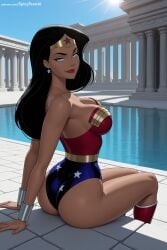 1girl ai_generated ass bare_shoulders black_hair blue_eyes breasts cleavage dark_skin dc_animated_universe dc_comics earrings hi_res high_quality high_resolution jewelry justice_league justice_league_unlimited lips long_hair looking_at_viewer patreon poolside seductive sexy sitting smile solo spicytoonai star_print strapless swimsuit uncensored watermark wonder_woman wonder_woman_(series)
