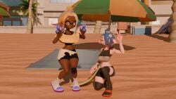 nintendo splatoon splatoon_(series) splatoon_2 splatoon_raiders shiver_(splatoon) shiver_hohojiro shiver_(splatoon_raiders) frye_(splatoon) frye_onaga frye_(splatoon_raiders) inkling inkling_girl octoling octoling_girl 2girls fully_clothed sandals socks stockings skirt clothing shorts topwear beach beach_background beach_towel beach_umbrella beach_chair 3d 3d_(artwork) wo262_(3d_model_style)