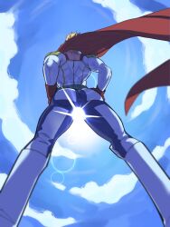1boy ass ass_focus big_ass big_butt blonde_hair butt cape clouds hero_outfit_(mha) male male_focus male_only mirio_togata muscular muscular_male my_hero_academia no_visible_genitalia standing sun tight_clothes tight_clothing tight_pants vegeebs viewed_from_below