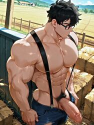 ai_generated baraboys black_hair farm farm_background farmer glasses go_yohan manhwa_sign masculine muscular_male