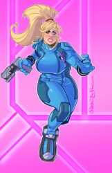 samus_aran zero_suit_samus metroid brian_shearer tight_clothing bodysuit thick thick_thighs breasts big_breasts large_breasts female blonde_hair blonde_female ponytail gun running action_pose
