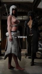 2girls 3d assassin assassin's_creed_odyssey breasts cd_projekt_red ciri crossover female female_only freckles freckles_on_face green_eyes hood kassandra_(assassin's_creed) light-skinned_female light_skin looking_at_viewer mascara nipples scar sword the_witcher_(series) the_witcher_3:_wild_hunt ubisoft venorg white_hair