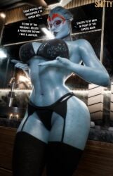 1girls 3d 3d_(artwork) alien alien_girl alien_humanoid asari blue_skin breasts dialogue glasses hourglass_figure human'd human_is_better humaned interspecies lingerie looking_at_viewer mass_effect samara smitty34 text undertagged voluptuous