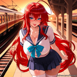 ai_generated rias_gremory high_school_dxd kurorgy 1girl breasts solo long_hair thighhighs red_hair school_uniform ahoge tongue skirt cleavage looking_at_viewer tongue_out train_station blue_eyes railroad_tracks blush hair_between_eyes sunset very_long_hair white_thighhighs bangs serafuku collarbone crossed_bangs pleated_skirt sailor_collar bow large_breasts