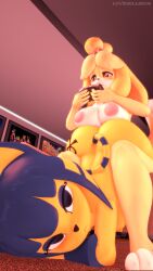 2girls 3d animal_crossing ankha ankha_(animal_crossing) ass ass_on_lap ass_tattoo blue_hair canine cat cat_ears cat_tail catgirl dog_ears fat fat_ass fat_butt feline female female_only floor_pose furry furry_female furry_only homosexual homosexual_female isabelle_(animal_crossing) lap_dance lap_sitting lovemilliesm nintendo playing_videogame posing shih_tzu tattoo thick thick_ass thick_butt thick_thighs video_games