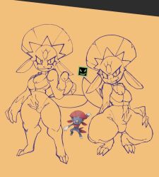 pokebraix weavile pokemon tagme sketch looking_at_viewer fierce fang smile crop_top breasts wide_hips thick_thighs voluptuous tail anthro humanoid spread_legs bulge fur sharp_claws safe