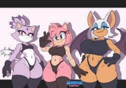 3girls 5_fingers absurd_res accessory alternate_costume alternate_form amber_eyes amy_rose angry anthro anthrofied artist_name back_wings bat big_breasts biped black_nose blaze_the_cat blue_eyeshadow bra breast_size_difference breasts cleavage closed_smile clothed clothed_anthro clothed_female clothing countershade_face countershade_torso countershading curvy_figure cute_fangs dark_clothing dark_gloves dark_handwear dipstick_tail domestic_cat eulipotyphlan eyelashes eyeshadow fangs felid feline felis female female_anthro fingers forehead_gem fully_clothed fully_clothed_anthro fully_clothed_female gem gesture gionnics gloves green_eyes group hair_accessory hairband hand_gesture handwear happy hedgehog hi_res huge_breasts huge_hips iris legwear makeup mammal markings mascara medium_breasts mouth_closed navel pink_quills pupils quill_hair red_hairband redesign rouge_the_bat sega shadow simple_background skindentation small_breasts small_nose small_waist smile smiling_at_viewer smug smug_face smug_grin snout sonic_the_hedgehog_(series) sports_bra tail tail_markings teeth text thick_thighs thigh_highs thong trio underwear v_sign voluptuous voluptuous_anthro voluptuous_female wearing_gloves white_background wide_hips wings