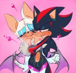 1boy 1girls areola_slip areolae bat_ears bat_wings big_breasts big_ears black_fur blush chest_tuft eyes_closed heart membranous_wings nipple_slip penis penis_between_legs penis_between_thighs pinklilim red_eyes rouge_the_bat shadow_the_hedgehog smiling sonic_(series) sonic_the_hedgehog_(series) squeezing_breast steamy_breath sweat sweatdrop thighjob