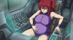 ai_generated bloated_belly bloated_stomach bloated_tummy female_villain freckles freckles_on_face ginger ginger_female ginger_hair gundam_00 large_breasts nena_trinity ponytail ponytail_female pregnant pregnant_belly pregnant_female red-haired_female villainess yellow-eyed_female sitting