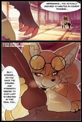 orangedog orange_(orangedog) comic comic_page clothed nude nude_female anthro domestic_dog glasses orange_body orange_fur white_body white_fur multicolored_body multicolored_fur black_body black_fur red_claws heart-shaped_pupils sweat sweatdrop sweating japanese_house japanese_room sunlight sunlight_rays holding_penis twitching twitching_penis penis big_penis breasts boobs big_breasts big_boobs tail stockings socks black_socks black_stockings shirt tuft ear_tuft claws claws_out 2025 english_text english