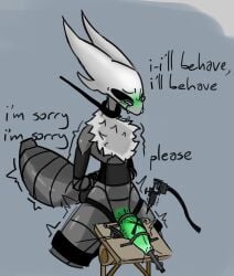 anthro apology arms_tied arthropod arthropod_abdomen bandit_(hallowed_knight_34) biped black_body black_eyes bodily_fluids bound cock_and_ball_torture english_text erection forced genital_torture genitals green_penis grey_background hallowed_knight_34 hi_res leash legs_tied neck_tuft no_pupils object_in_urethra penetration penis simple_background solo sounding_rod tears text tuft urethral urethral_penetration vessel_(species) white_mask