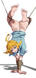 1girl ahoge aqua_shirt ass barefoot bdsm blonde_hair blue_eyes bondage bottomless bound bound_arms dokibird feather_hair feet feet_focus female female_focus female_only handstand indie_virtual_youtuber looking_at_viewer polyhazards rope rope_bondage shadow shibari shirt short_hair simple_background smile soles solo toes upside-down virtual_youtuber white_background