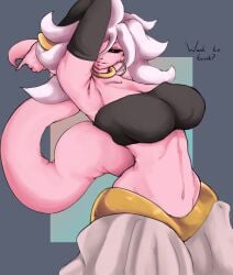 1girls 2018 android_21 bare_midriff big_breasts black_eyes black_topwear dialogue dragon_ball dragon_ball_z earrings fully_clothed holding_tail majin_android_21 pink_skin red_pupils showing_off smile smoxul smozuru solo suggestive tail teasing wide_hips