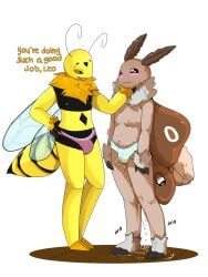 3:4 absurd_res antennae_(anatomy) anthro arthropod arthropod_abdomen blush bodily_fluids bottomwear brown_body clothing digital_media_(artwork) duo english_text genital_fluids hi_res hymenopteran insect insect_wings leo_(retromagnetar) lepidopteran male moth nonbinary_(lore) omorashi open_mouth peeing raveneevee remy_(retromagnetar) simple_background smile stinger text urine wasp watersports wetting wings yellow_body