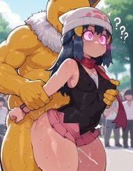 ai_generated nintendo pokemon dawn_(pokemon) hypno pokemon_(species) pokephilia straight male female rape hypnotized public thick_thighs clothes clothing partially_clothed clothed_sex nipples_visible_through_clothing sweat sweaty_body size_difference cum groping_from_behind nipple_tweak