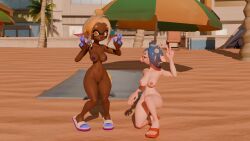 2girls 3d 3d_(artwork) beach beach_background beach_chair beach_towel beach_umbrella big_breasts boobies boobs boobs_out breasts breasts_out frye_(splatoon) frye_(splatoon_raiders) frye_onaga fully_naked fully_nude inkling inkling_girl naked naked_footwear nintendo nude nude_female_nude_female octoling octoling_girl purple_fingers purple_nipples pussy red_nipples sandals shiver_(splatoon) shiver_(splatoon_raiders) shiver_hohojiro splatoon splatoon_(series) splatoon_2 splatoon_raiders thick thick_hips thick_legs thick_thighs thighs vagina wo262_(3d_model_style)