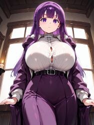 fern_(sousou_no_frieren) sousou_no_frieren frieren_beyond_journey's_end long_hair purple_hair purple_eyes dark_purple_hair large_breasts huge_breasts huge_ass large_ass gigantic_breasts gigantic_ass tight_clothing stretched_clothing alternate_breast_size alternate_body_type alternate_ass_size hyper hyper_breasts hyper_butt ai_generated beautiful beauty breasts clothing clothed nagiotoai mommy female female_only female_focus open_eyes solo solo_focus solo_female voluptuous voluptuous_female voluptuous_body