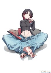1girl absurdres arcade_stick artist_name artist_request barefoot black_hair black_sweater breasts can commentary controller covered_collarbone crossed_ankles denim drink_can earphones feet female_torso game_controller gradient_hair grey_panties highres holding holding_can indian_style iris_black_games jeans joystick kisaragi_ren_(vspo!) leverless_arcade_stick long_sleeves looking_at_viewer medium_breasts midriff multicolored_hair navel niboshidrip open_fly panties pants pillow red_eyes red_hair red_nails ribbed_sweater short_hair simple_background sitting sleeves_past_wrists solo stomach sweater toenails toes turtleneck turtleneck_sweater underwear virtual_youtuber vspo!