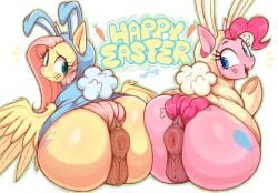 absurd_res aer0_zer0 anus ass_to_ass big_butt blue_eyes butt clothed clothing duo equid equine eyelashes feathered_wings feathers female feral fluttershy_(mlp) friendship_is_magic genitals hair hasbro hi_res huge_butt looking_back mammal my_little_pony mythological_creature mythological_equine mythology pegasus pink_body pink_hair pinkie_pie_(mlp) pupils quadruped smile tail vulva wings yellow_body
