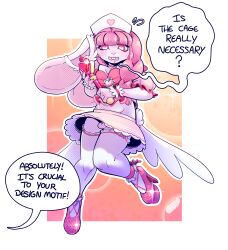 absurd_res anthro balls big_ears blush blush_lines bottomwear bow_ribbon braided_hair buckteeth chastity_cage chastity_device clothing colored_nails dialogue embarrassed footwear frilly frilly_clothing fur genitals gynomorph hair hat headgear headwear heart_eyes heart_symbol hi_res high_heels intersex lagomorph legwear leporid lily_bloom magical_girl_outfit magical_girl_wand mammal nails navel nurse_clothing nurse_hat nurse_headwear penis pink_body pink_eyes pink_fur pink_hair pink_nails rabbit shaded shoes side_braid skirt small_balls small_penis solo stockings teeth trans_(lore) trans_woman_(lore) weirdcathq white_body white_fur wings