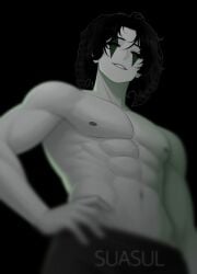 1boy harlequin_(the_freak_circus) male male_only muscular_male nude_male perspective_from_below perspective_shot smirking_at_viewer smirking_face solo the_freak_circus